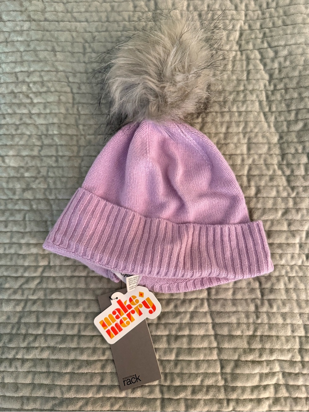 Nordstrom Rack Lilac 100% Cashmere Knit Beanie with Pom